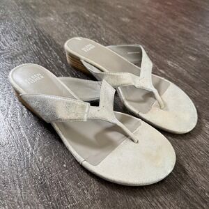Eileen Fisher Metallic Silver Leather Wedge Flip Flop Sandals Women Size 8